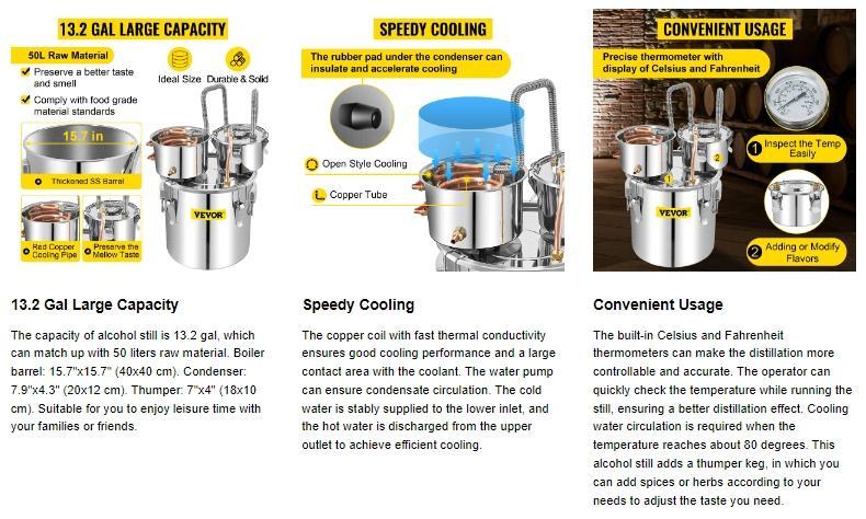 VEVOR Water Wine Distiller Stainless Steel, TikTokShopBlackFriday, Copper Tube With Circulating Pump, Home Brewing Kit Build-in Thermometer for DIY Whisky Wine Brandy Oil Utensils