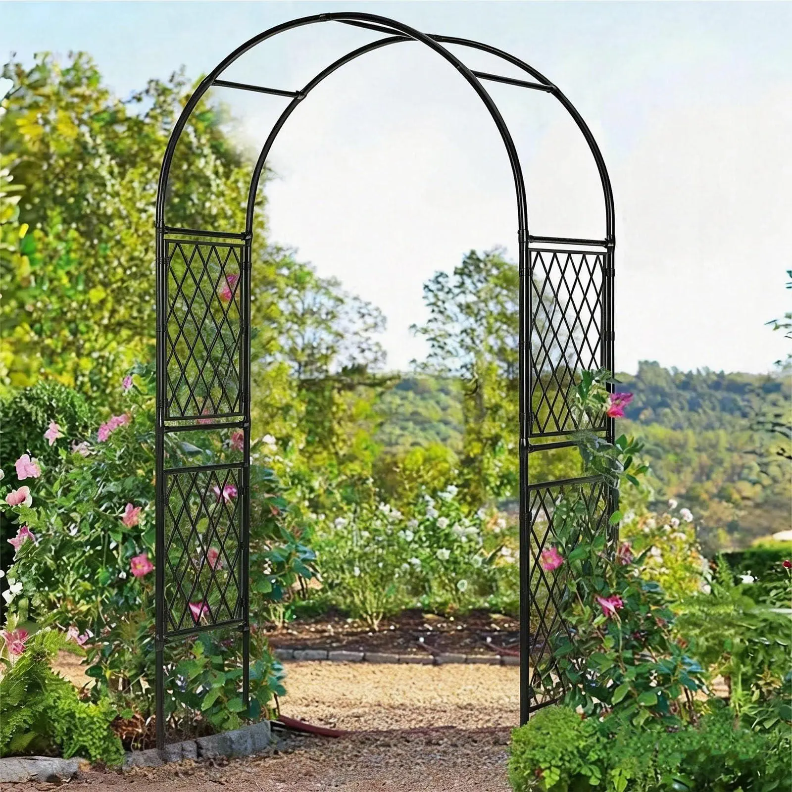 Metal Garden Arbor Arch Trellis, 86.6" x 59" Heavy Duty Wedding Arch Frame, Weather-Resistant Iron Decorative Archway for Climbing Plants, Patio, Backyard, Pathway, Lawn, Seaside – Black