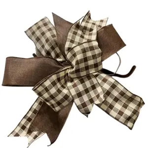 Handmade Brown Gingham Wired Ribbon Bow, Farmhouse Wreath Decor 2.5 in width