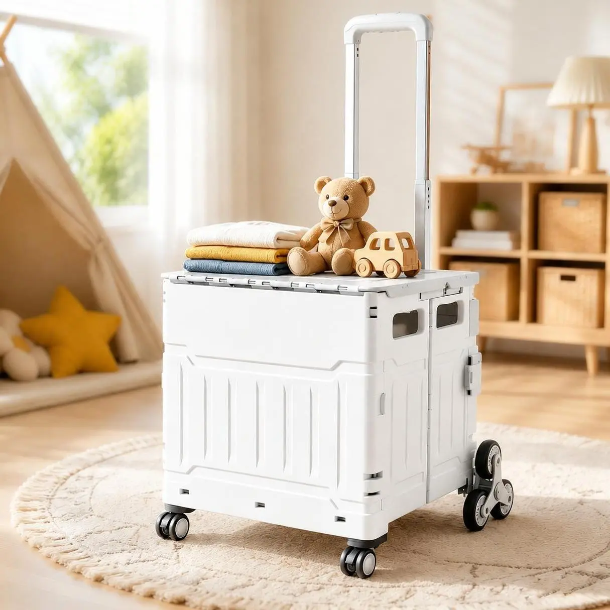 Stair Climbing Foldable Hand Cart, 75L Large Capacity Heavy Duty Trolley with Telescopic Aluminum Handle Waterproof Cover, Portable Rolling Storage Cart for Shopping Outdoor Car Trunk Home Use