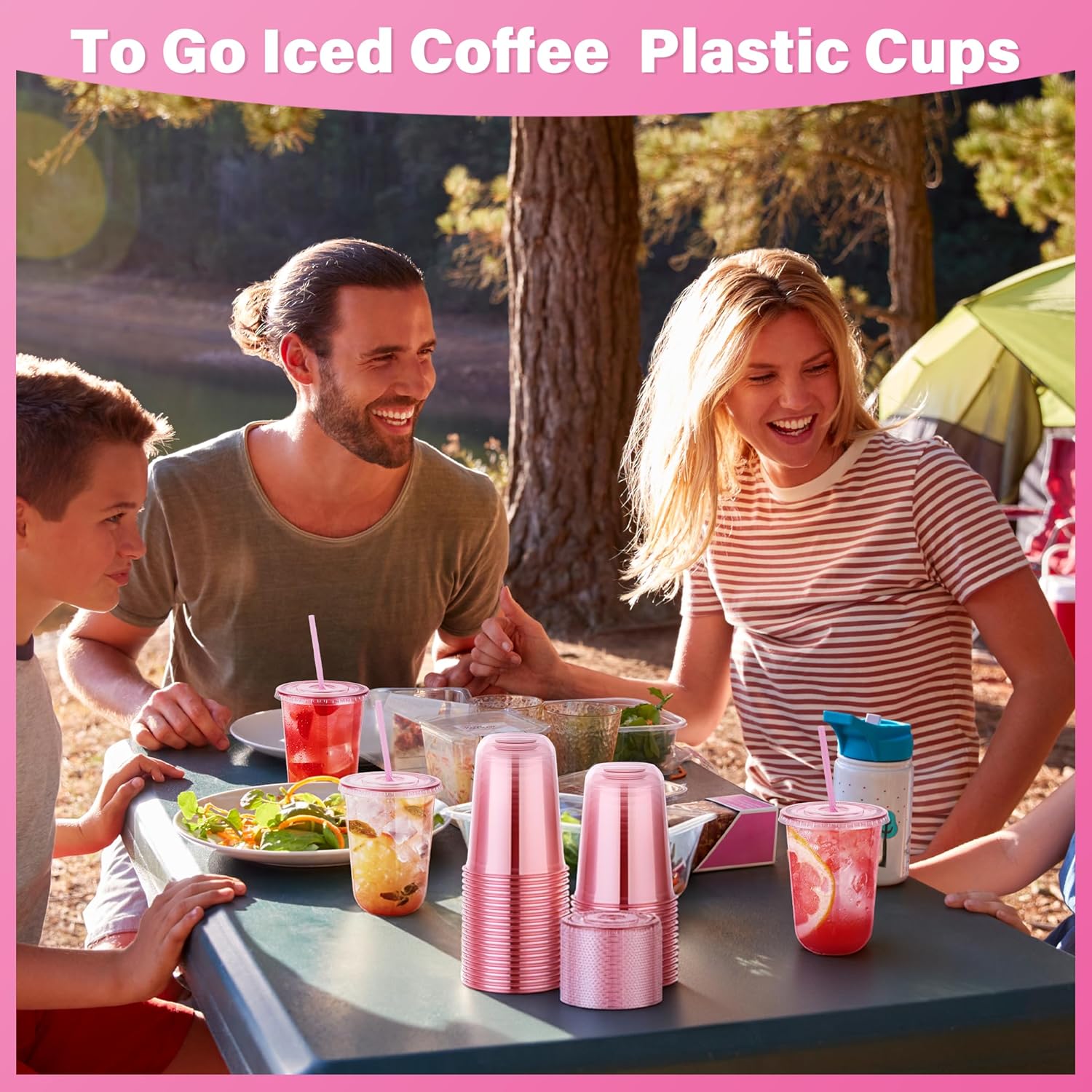 Valentine's Day 50Pack 12oz/16oz Pink Plastic Party Cups with Lids and Straws,Disposable Iced Coffee Cup with Lids,Round Bottom Drinking Cups for Birthday Wedding Valentine's Galentine's Bachelorette Party