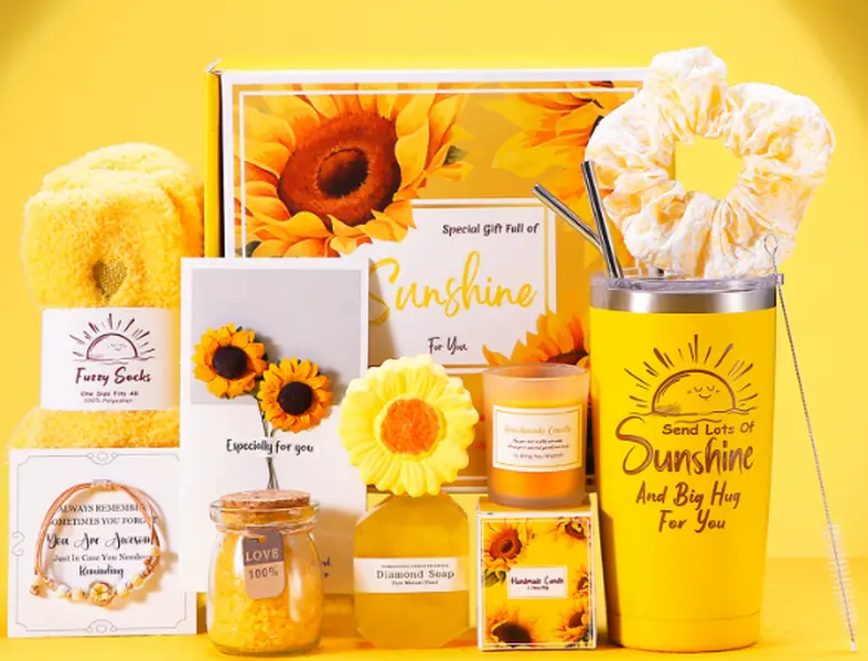 Valentine's Day Birthday Sunshine Gift for Women - Unique Care Package with Sunflower Gifts, Friendship Box of Sunshine for Mom Sister Wife, Get Well Soon & Birthday Present, Self Care Basket for Women Recovery