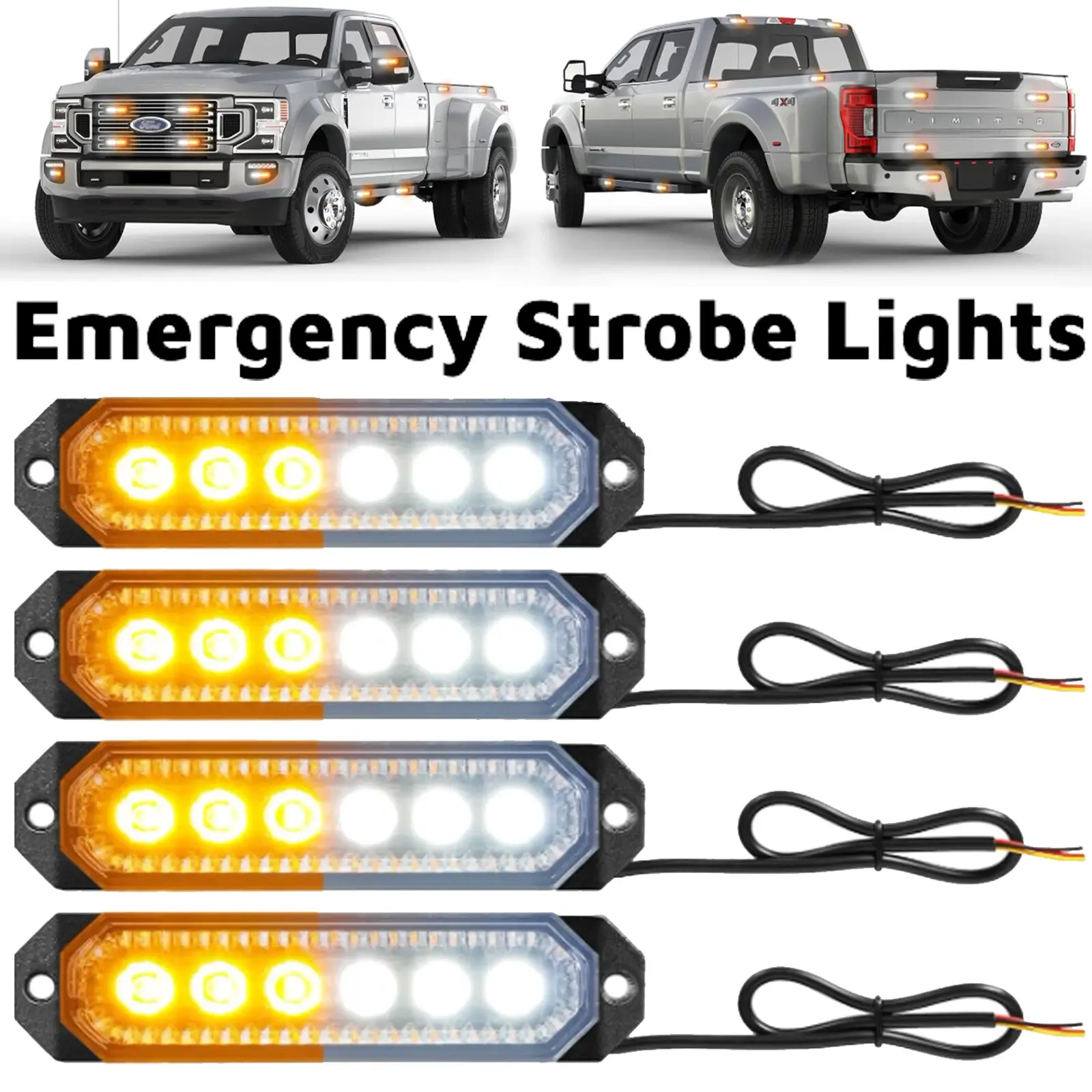 4pcs Universal 12V-24V Super Bright Amber/White 18W 6-LED Warning Emergency Construction Surface Mount Beacon Flash Caution Strobe Light Bar Truck Trailer RV Motorcycle