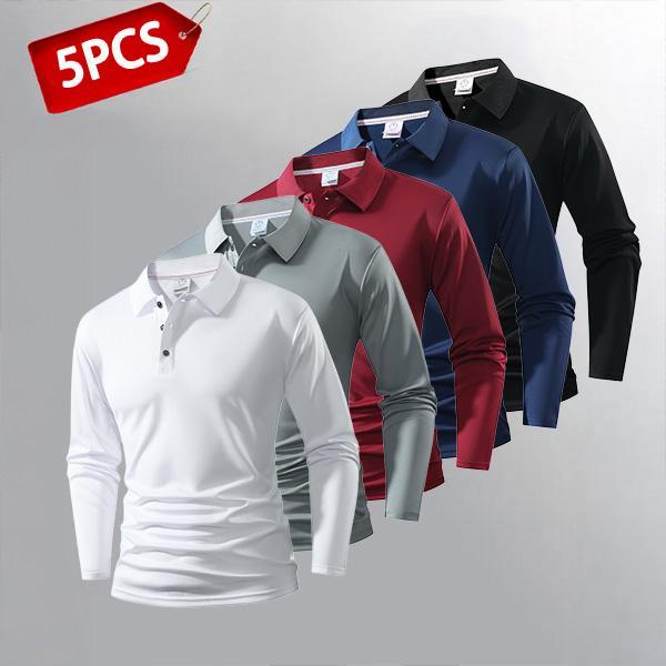 Men's 5 Pieces Pack Long Sleeve Polos Quick Dry Breathable Wrinkle Free Business Casual Turn Down Collar Tees in Multiple Colors