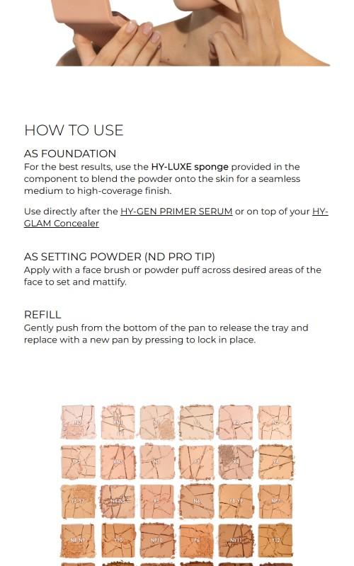 Natasha Denona HY-GLAM POWDER FOUNDATION Concealer Makeup Flawless Compact Matte Finish Korean Bio-Mimetic Pigments Anti-inflammatory Formula with HY-LUXE Sponge for Flawless Application