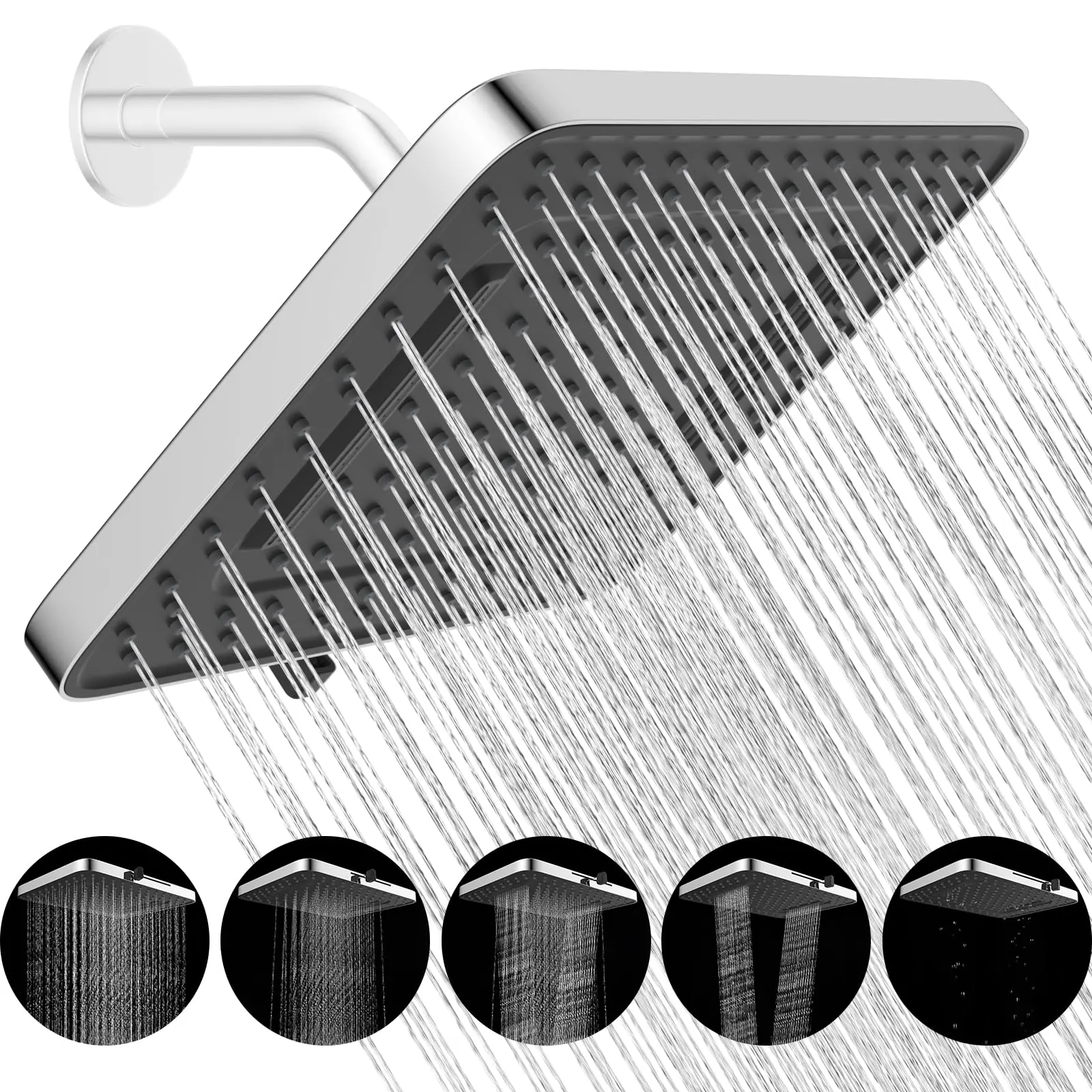 Hibbent 5-Spray Modes 13'' High-Pressure Rain Shower Head, Chrome High-Flow Waterfall Fixed Model with Adjustable Swivel Ball Joint, Filtered Shower Head with Filter for Bathroom, Shower Head Filter, Filtered Shower Heads