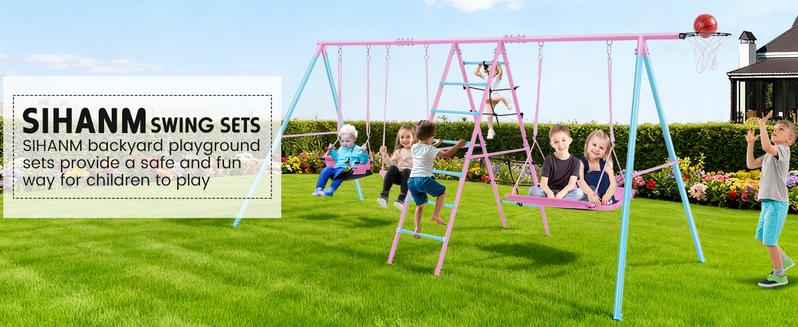 【TikTokShopBlackFriday】Swing Sets for Backyard 700 lbs - 6 in 1 Multifunction Swing Set Outdoor for Kids Playground, Larger Heavy Duty Metal Swing Stand with 3 Adjustable Swings, Climbing Ladder and Net, Basketball Hoop