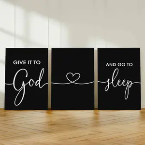 Set Of 3 Pieces Black And White Inspirational Give It To God and Go To Sleep Letter Wall Decor Canvas Print Poster, Black And White Wall Decor For Home Office Prayer Room Living Room Study Room Bedroom