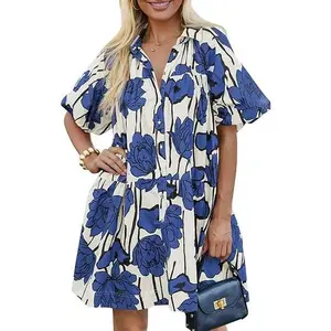 Wenrine Women's Summer Button Down Shirt Dress Floral Puff Short Sleeve Casual Loose Fit Beach Mini Dresses