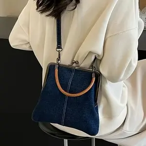 Stylish Ladies Foldable Hand Knitted Crossbody Bag - Rotary Lock Design & Removable Tassel Strap, Light Blue/Blue Polyester Lined for Commuting, Going Out and Daily Use classic versatile design