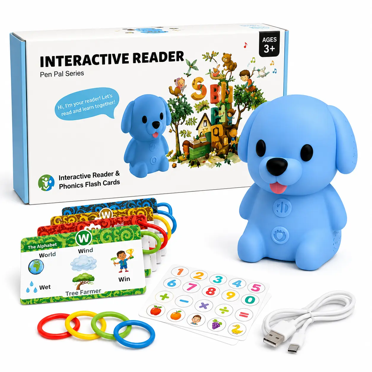 Talking Phonics Flash Cards with ReaderDog, Learn to Read with 81 Pages, 81 Sentences, 592 Words & 81 Stickers, Toddler Educational Learning Toys for Kids Ages 3–8, Kindergarten, 1st Grade, 2nd Grade