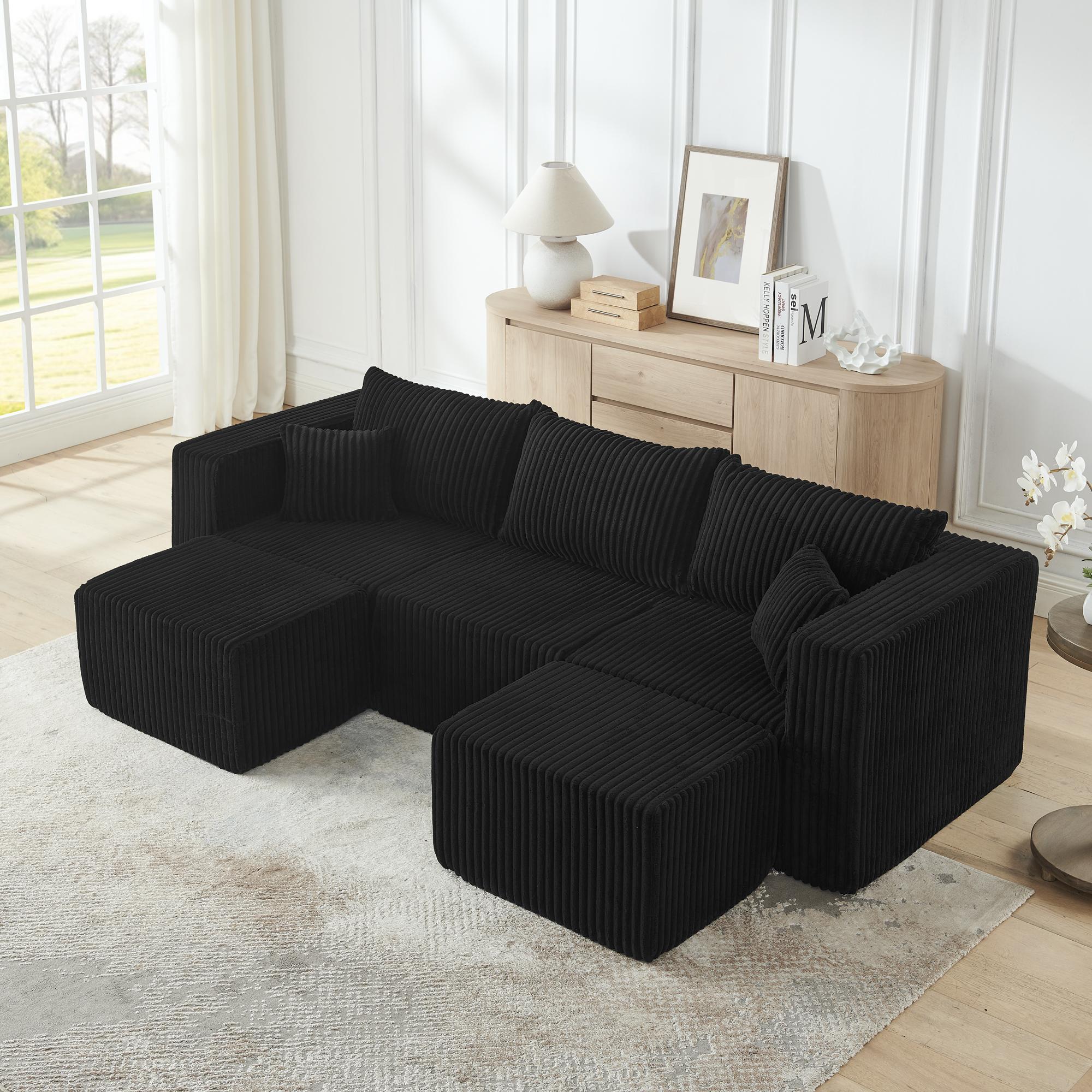 Niccae Compact Modular Sectional Compressed Corduroy Sofa Modern Minimalist Style Ultra Comfy Space Saving Design Black No Assembly Required Bed U-Shaped