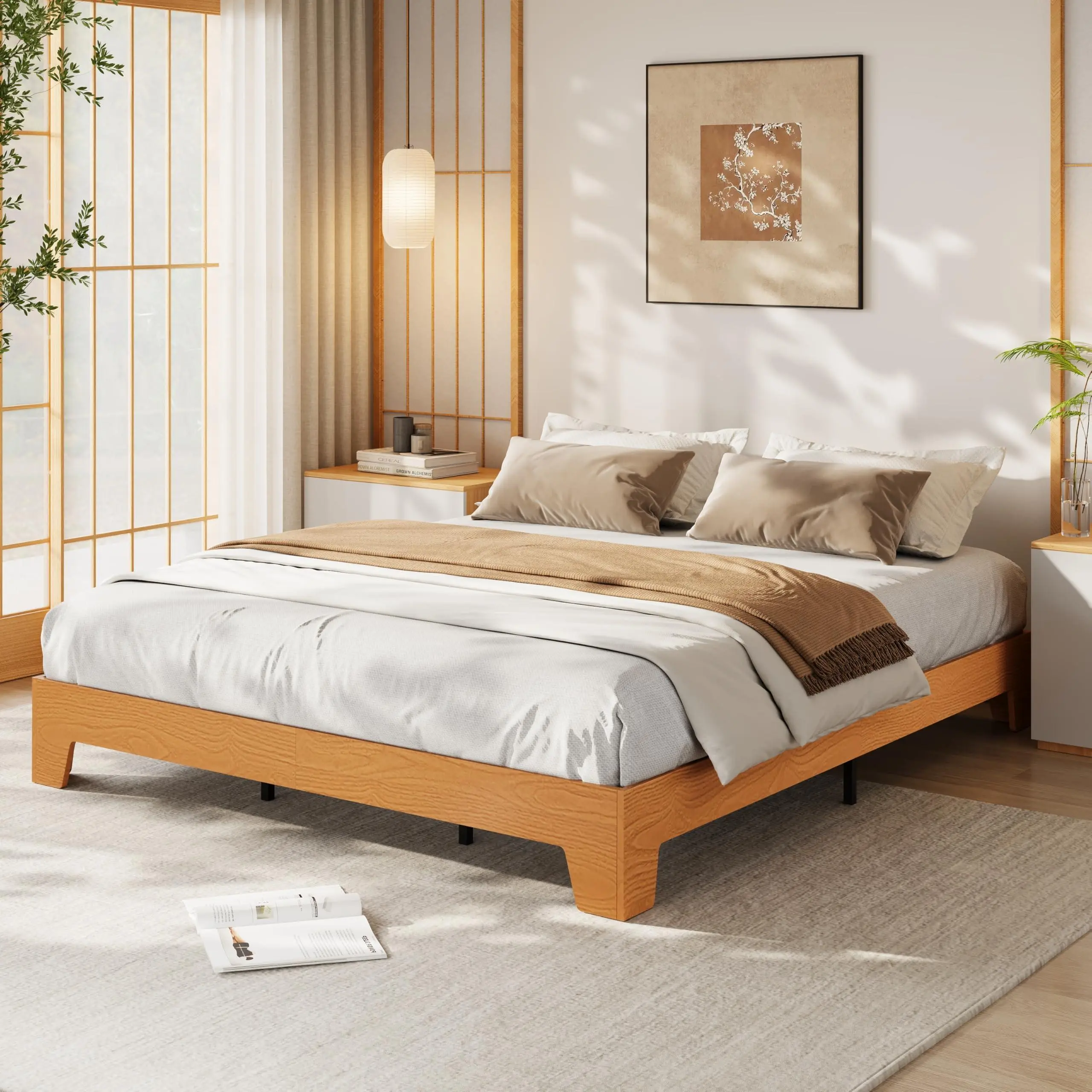 Garvee Pine Queen Size Platform Bed Frame, Minimalist Wood Bed Frame No Headboard Needed, Sturdy Low Profile Bed with Natural Wood Grain, Noise-Free & Easy Assembly