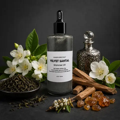Velvet Santal Moisturizing Body Oil with White Tea Jasmine Balsam Sandalwood Musk Benzoin by Karafa Essentials