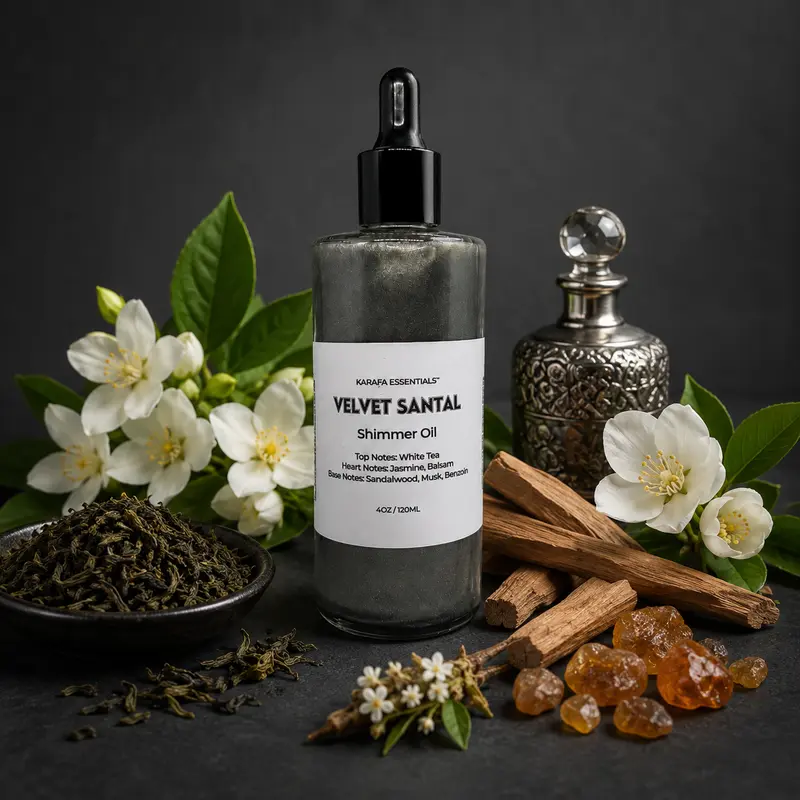 Velvet Santal Moisturizing Body Oil with White Tea Jasmine Balsam Sandalwood Musk Benzoin by Karafa Essentials