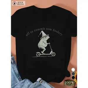 Frog On Scooter T-Shirt Black Casual Wear Personalized Unisex Top Women's Shirt All Season Comfortable Breathable Short Sleeve Tee Suitable For Any Outfit Made In Usa