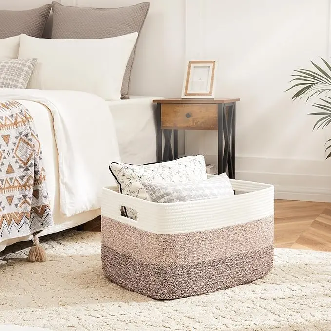 Super Large Blanket Basket, Rectangle Woven Baskets for Storage, Cotton Rope Basket For Living Room, Toy Storage with Handle- Gradient Brown