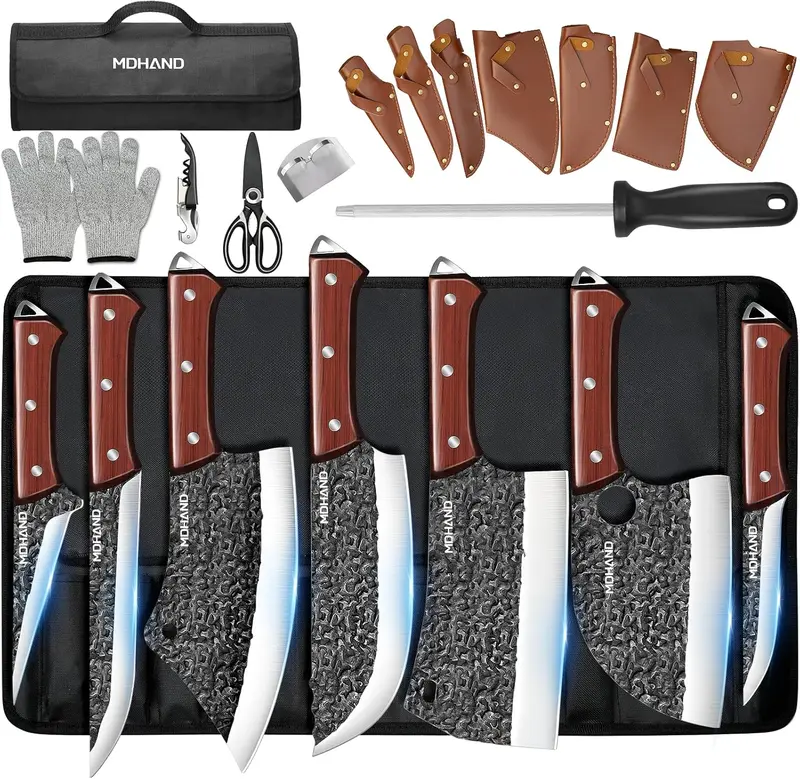 Style C hammered-pattern butcher knife set with accessories
