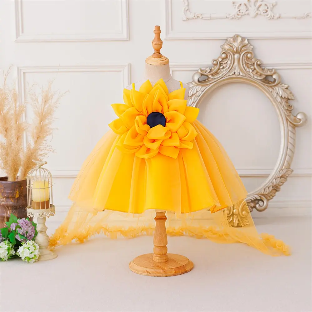 6M-3Y Yellow 3113 Anniversary Baby Girls Clothes Infant Birthday Cocktail Dress Toddler Pageant Newborn Floral Mesh Trailing Skirt Ball Gown Princess Baptism Frock