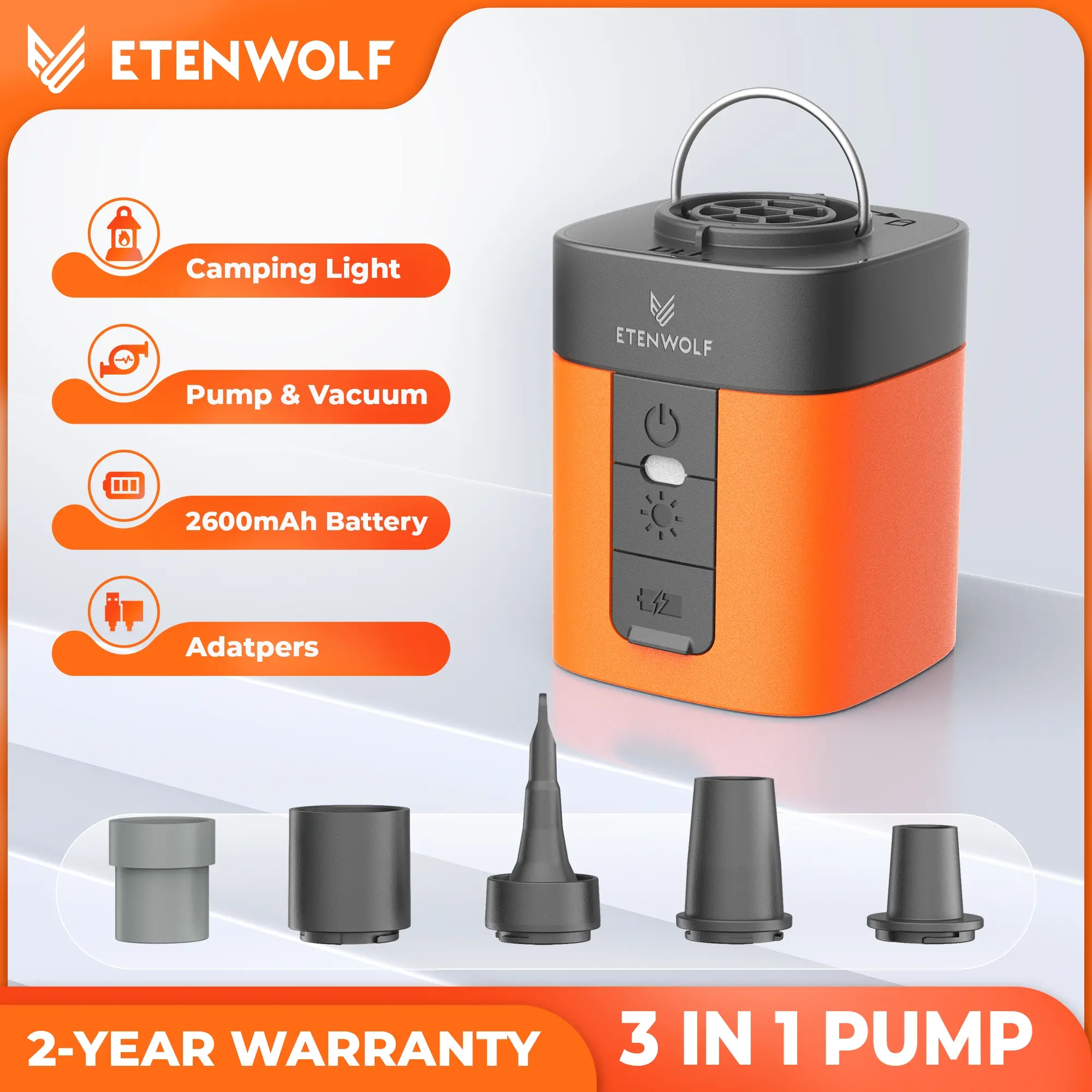 Portable Mini Electric Air Pump for Air Mattress & Pool Floats, 360L/min Fast Inflate & Deflate, ETENWOLF AIR3 Rechargeable Camping & Travel Pump with 600-Lumen LED Light for Sleeping Pads & Vacuum Bags
