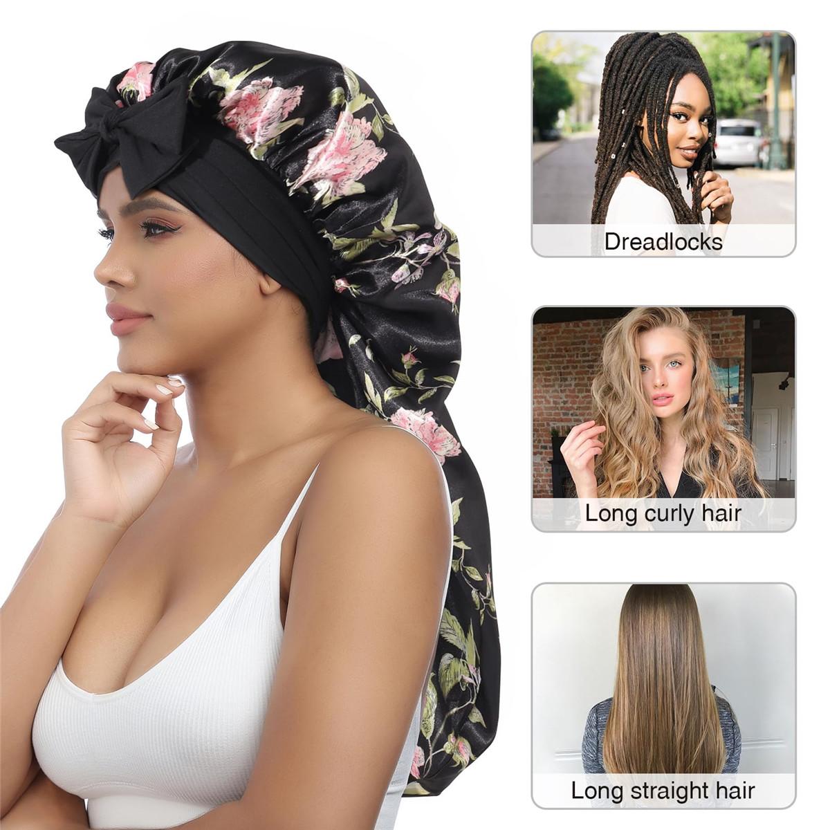 Double Layer Satin Bonnet for Sleeping - Silk Like Texture, Elastic Tie Band, Curly Hair Nightcap, Smooth Haircare, Reusable, 100% Polyester, 55cm Cap Circumference, 94cm Length, 35cm Width, 61cm Rope Length, 6.5cm Rope Width