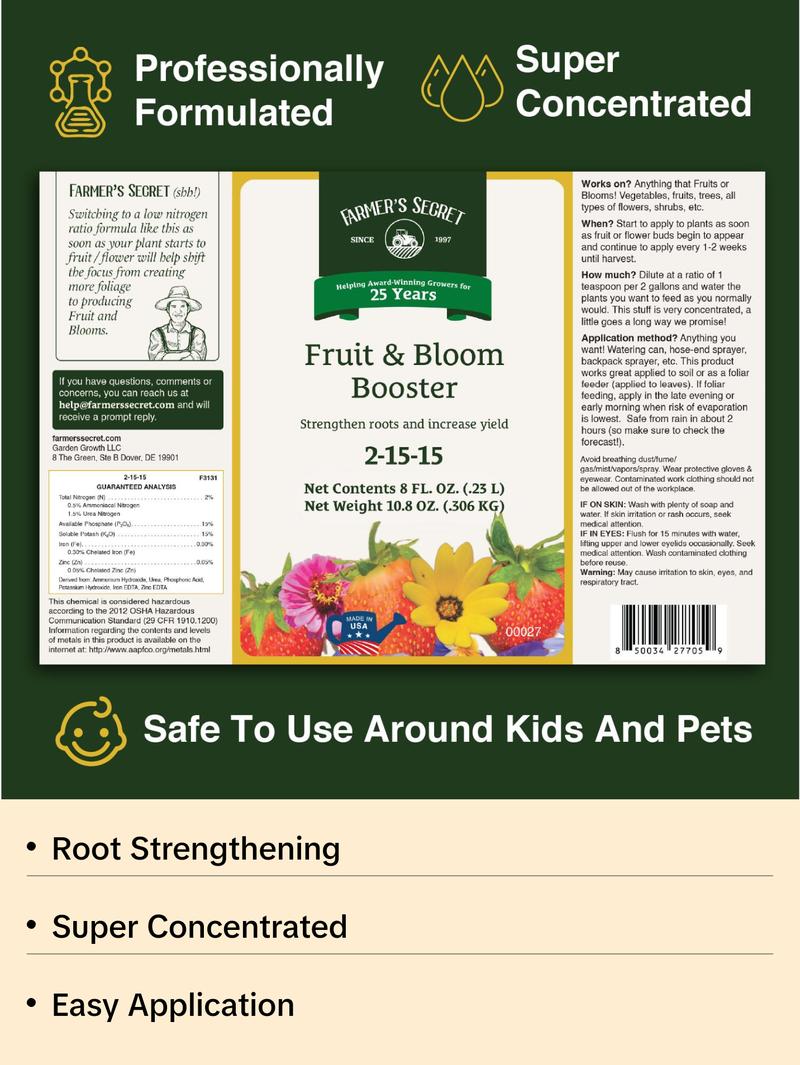 Farmer’s Secret Fruit & Bloom Booster Fertilizer (32oz) - Super Concentrated - Increases Flowering and Yield on All Varieties of Fruits, Vegetables and Flowers