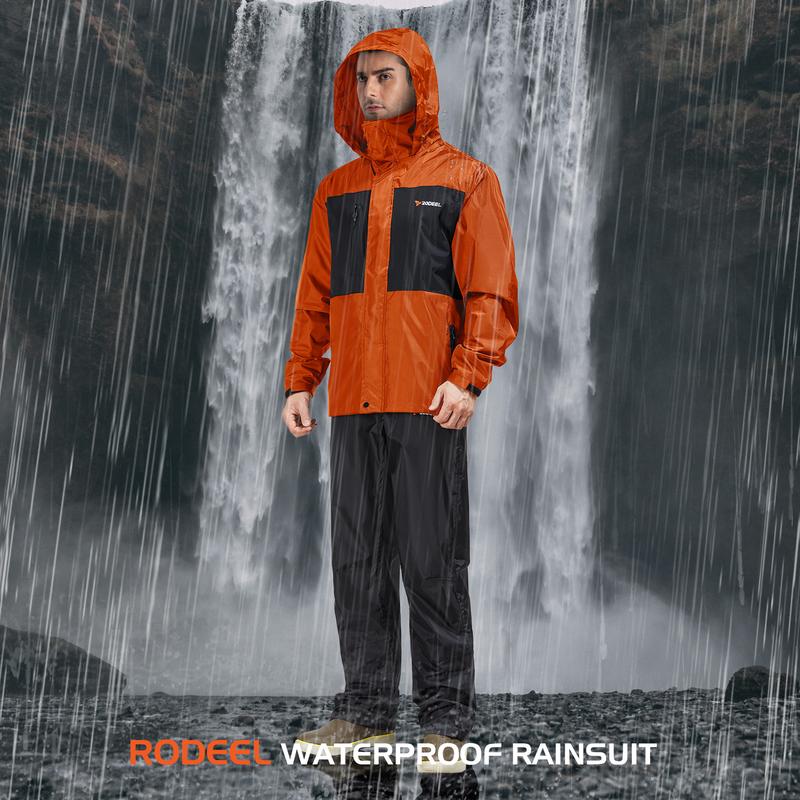 【RODEEL】702 Waterproof Jacket and Pants Set Men Lightweight Breathable Full Zip Hooded Rain Coat Durable Rain Suit Weatherproof Rainwear Windbreaker For Outdoor Sports Hiking Fishing Boating Construction Roofing Landscaping Gardening, Holiday Gift