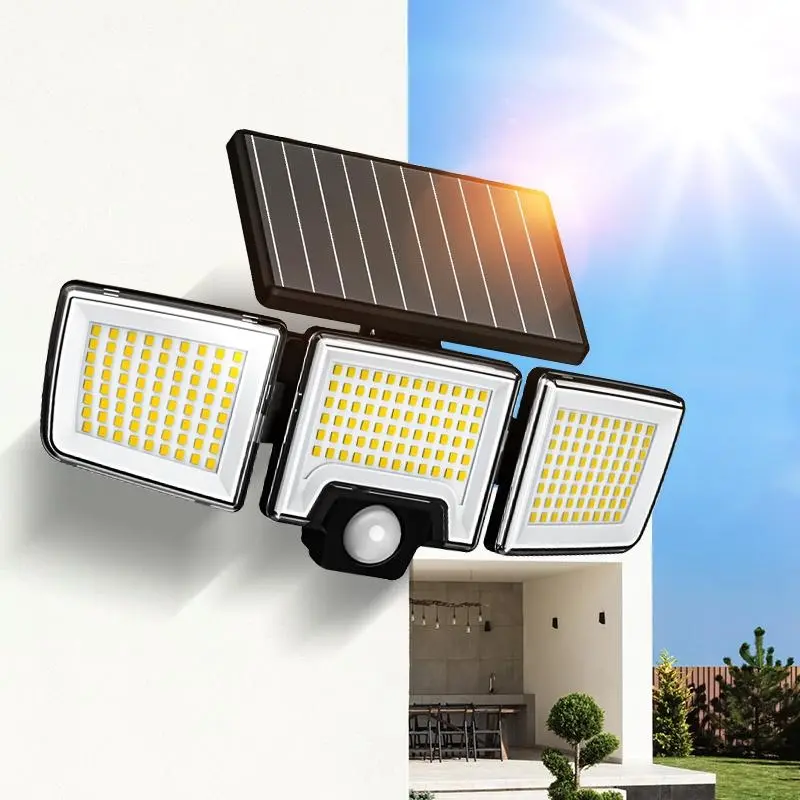 2 Pack Solar Motion Sensor Outdoor Lights, 3-Head 216 LED Security Floodlights with Remote Control, IP65 Waterproof Adjustable Wall Lamps, Solar Powered Exterior Lights for Garden Garage Yard Porch Driveway