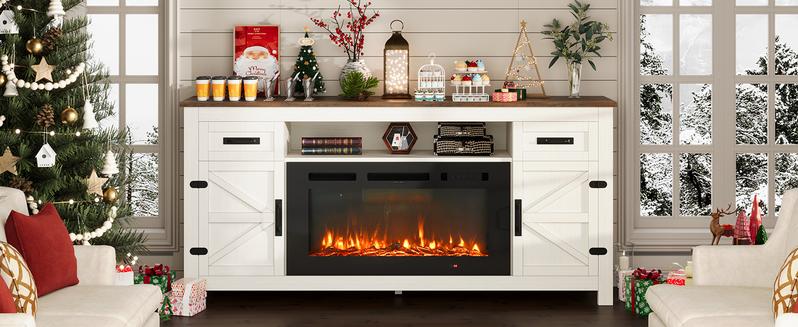 【2 Packages ship separately】oneinmil Fireplace TV Stand with Barn Door for TVs up to 80", Farmhouse 70" Fireplace Entertainment Center with Storage Cabinets, White TV Stand and Black