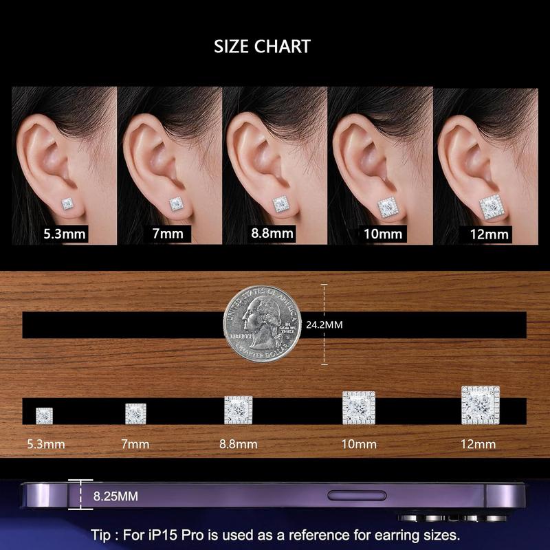 Delzzad S925 Princess Halo Synthetic Moissanite Stud Earring Daily Costume Jewelry Accessories Perfect Birthday Wedding Anniversary Gifts for Women Wedding Set Hypoallergenic Party