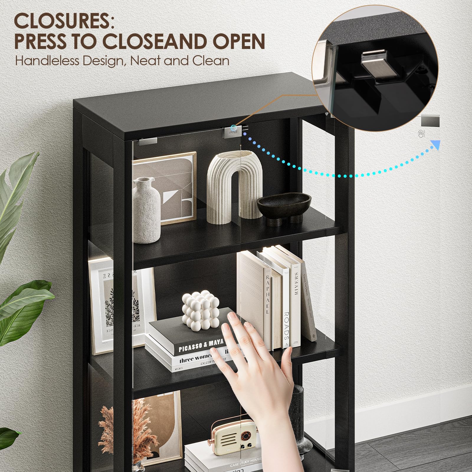 Valentine's Day gifts Display Cabinet with Glass Doors 4-Tier, 7 Vibrant Colors 3 Dynamic Lighting Modes, HD Glass Storage Cabinet with Human Body Sensor for Curio, Trophy, Collectibles