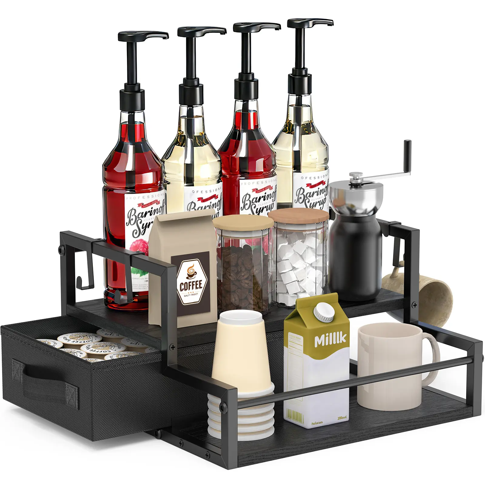 Classic Black Wooden Kitchen Coffee Syrup Organizer - 2-Tier Rack Station with K-Cup Storage Drawer, Adjustable 3-Tier Cologne Shelf, Countertop Space-Saving Home Organizer