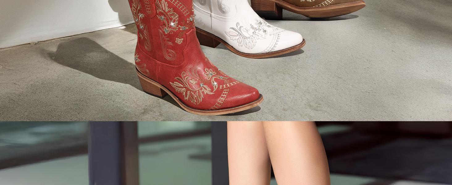 【Rodeo Boots】Pasuvo Women's Western Cowboy Boots – Short Cowgirl Boots with Embroidered Floral Design, Sparkling Chunky Heel & Pointed Toe – Stylish & Comfortable for Rodeo, Country Concerts, Festivals & Daily Wear