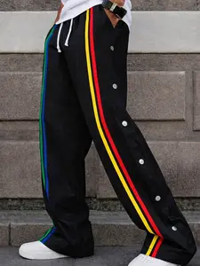 Unisex Asymmetrical Colorblock Button-Fly Pants, Y2K Straight-Leg Drapey Athletic Pants featuring a colorblock design, side-all-button closure, high-density drapey fabric, and reinforced stitching—wear-resistant, wrinkle-resistant, and less prone to pilli