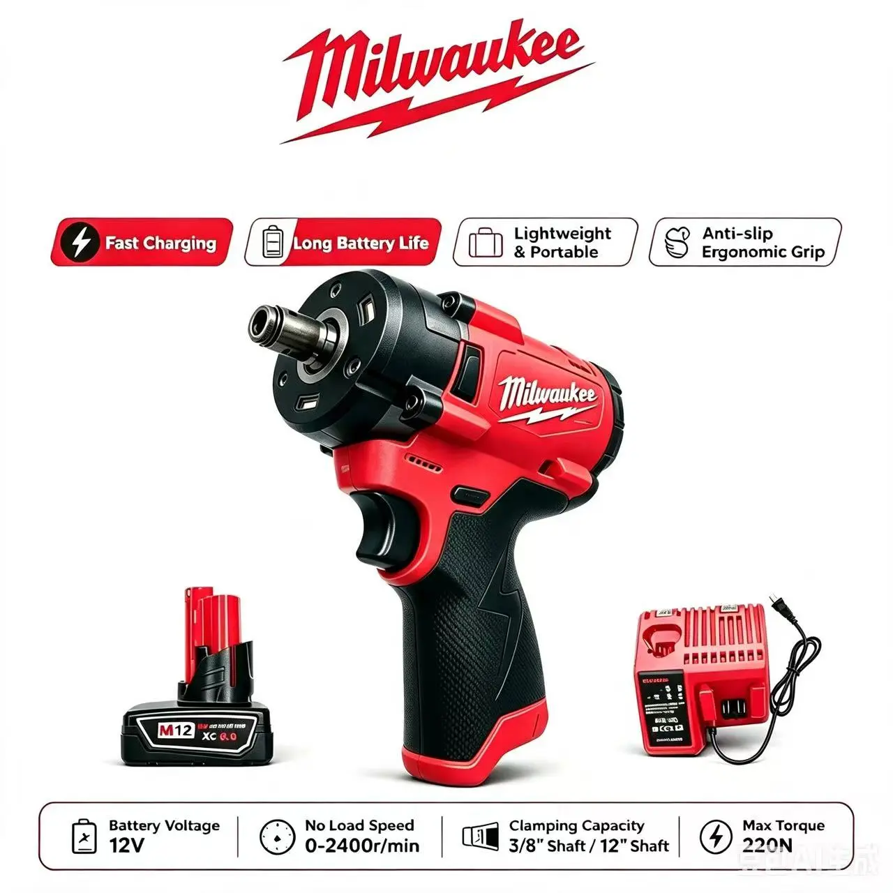 Milwaukee M12 Impact Screwdriver, 300NM Torque, 0-2400RPM, 1/2" Shaft Power Tool with 8.0Ah Battery & Fast Charger for Auto Repair, Construction Work