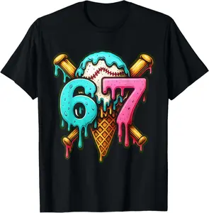 67 Baseball Ice Cream Drip T-Shirt - Crewneck Men Women Youth Boys Girl T-shirt Cotton Fabric
