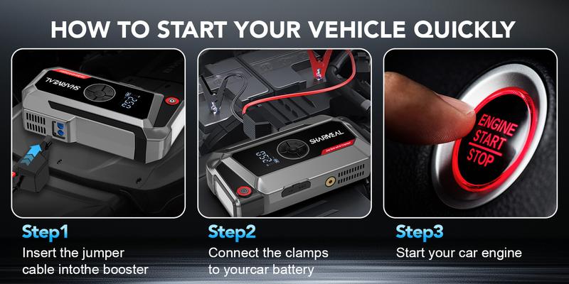 6000A Portable Car Jump Starter with Air Compressor 12V Battery Jump Starter Power Pack Tire Inflator with Extended Smart Jumper Cables for All Gas & up to 10.0L Diesel Engines