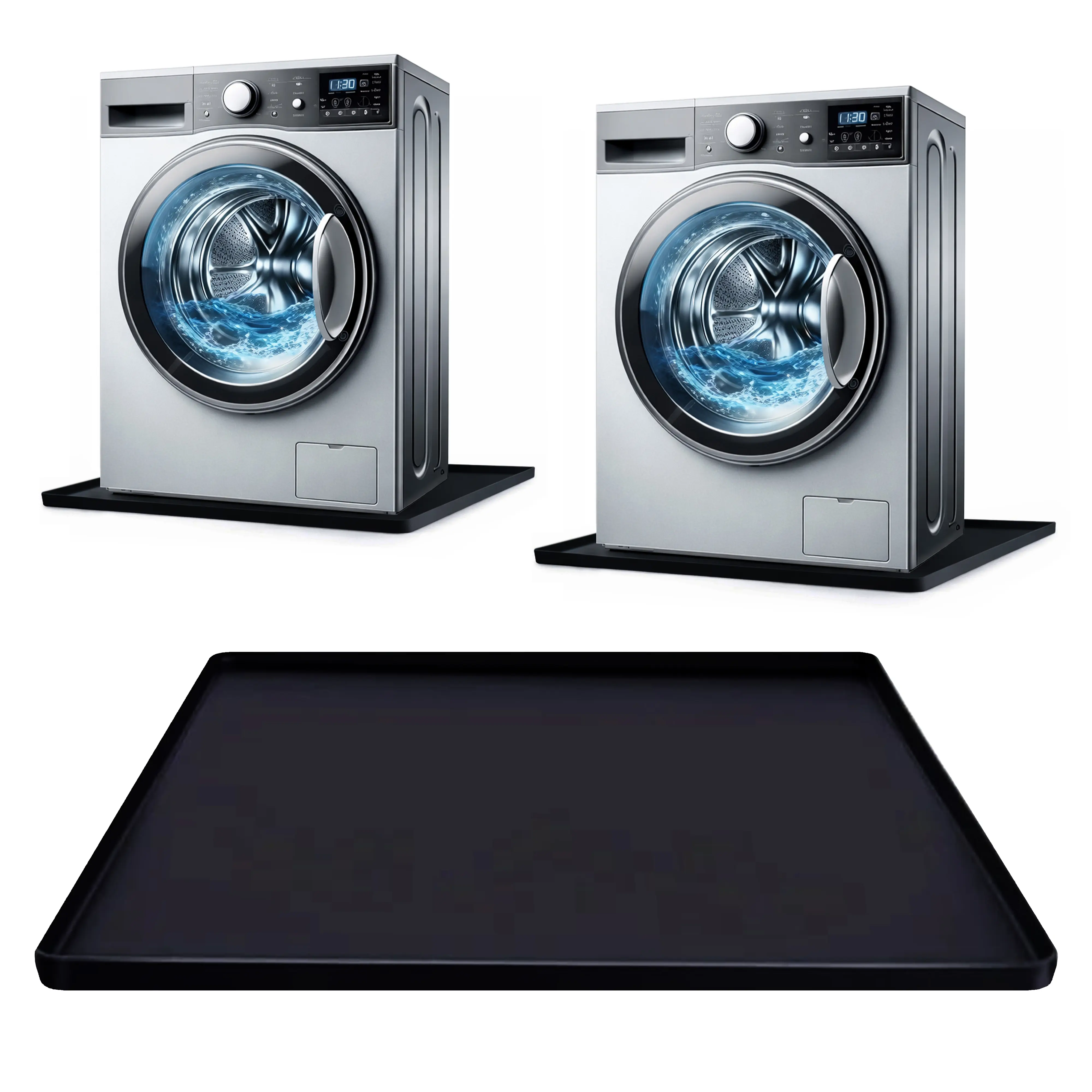 Washing Machine Drain Pan Silicone Mat, 27 x 27 inch  Waterproof Washer Dryer Drip Tray, Raised Edge Leak Protection, Non-Slip Anti-Vibration Floor Protector (Black)