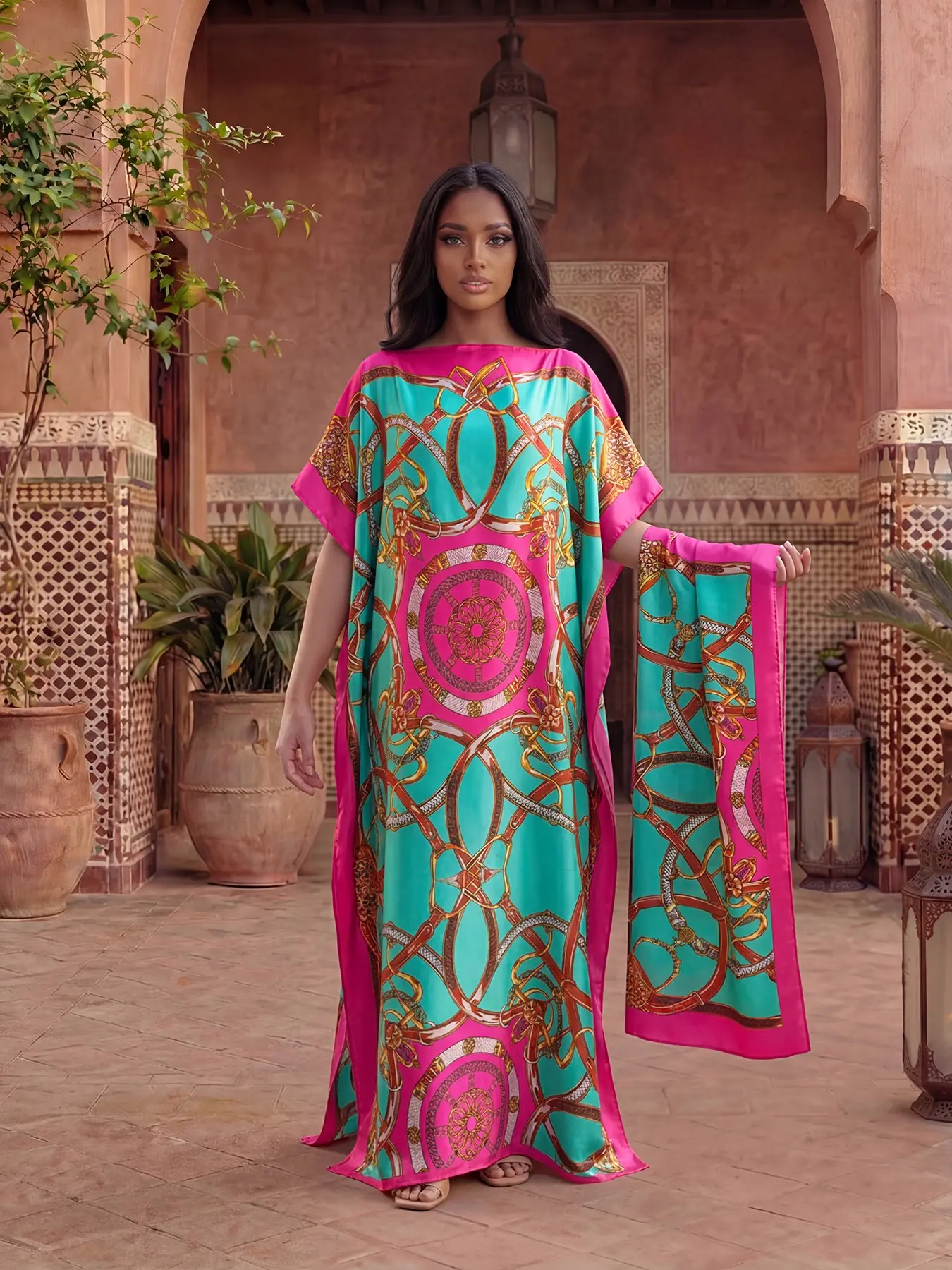 Elegant Dopamine Color Set, Chain Print Muumuu Long Dress Robe, Women's Sun Protection Satin Scarf, Boho Fashion Shawl