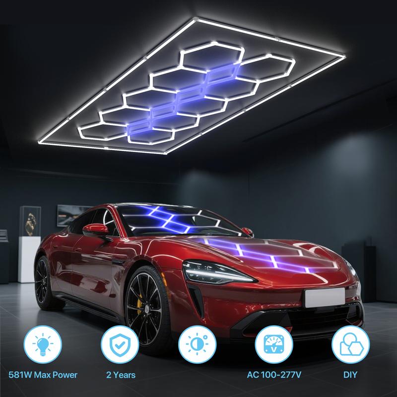 HYPERLITE Color Glow, Garage Lights, Honeycomb Design, Rectangle Frame Modular Lighting, LED Ceiling Light, 568W-624W 56800LM-62400LM, 6500K Bright White, for Garages, Workshops, Gyms, Studios,  Barber Shops, Decorative Spaces，Jumpstart newyear