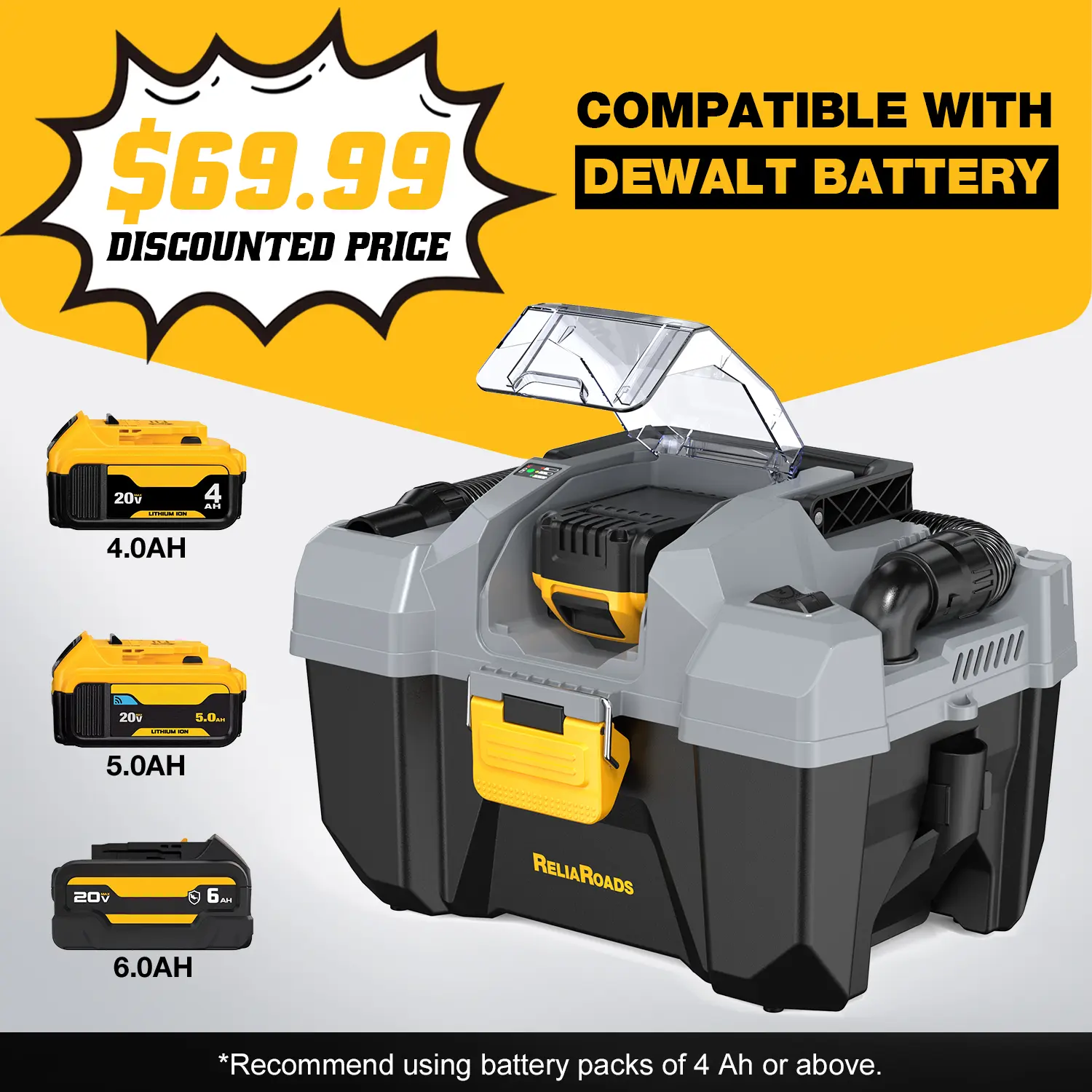 20V Cordless Vacuum Cleaner-Wet/Dry Shop Vac,2.6 Gallon Capacity,Compatible with DeWALT Batteries (Battery Not Included),Ideal for Cleaning Car,Home Spaces,and Workshops RCSV-20