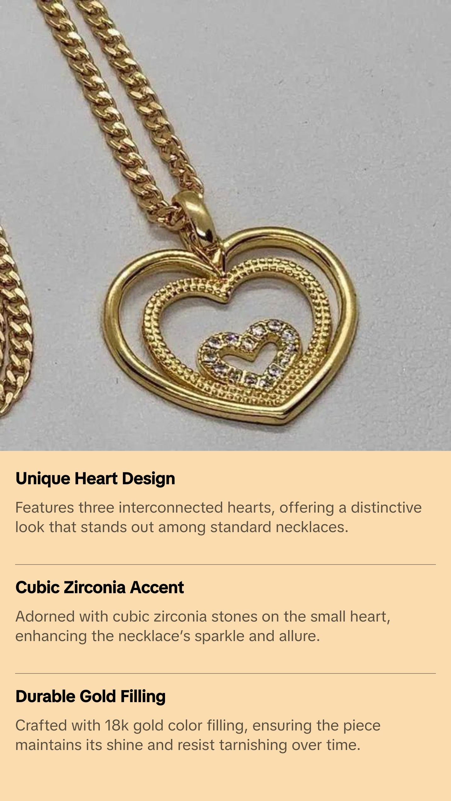 Brand New Brazilian 18k Gold Filled Triple Heart Necklace with Cubic Zirconia Stones for Adults Durable and Easy to Care For Free Jewelry Bag Included