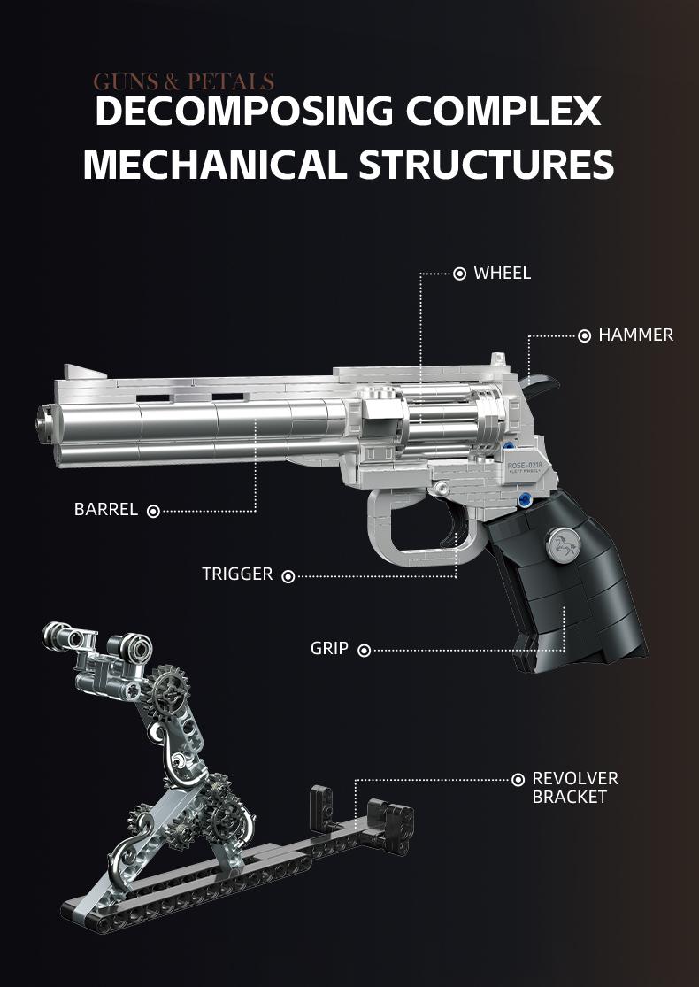 Guns & Petals Building Set Revolver Model Desktop Decoration Gothic Dark Romantic Style Ornament Movable Mechanical Parts Suitable for Home Decor Enthusiasts