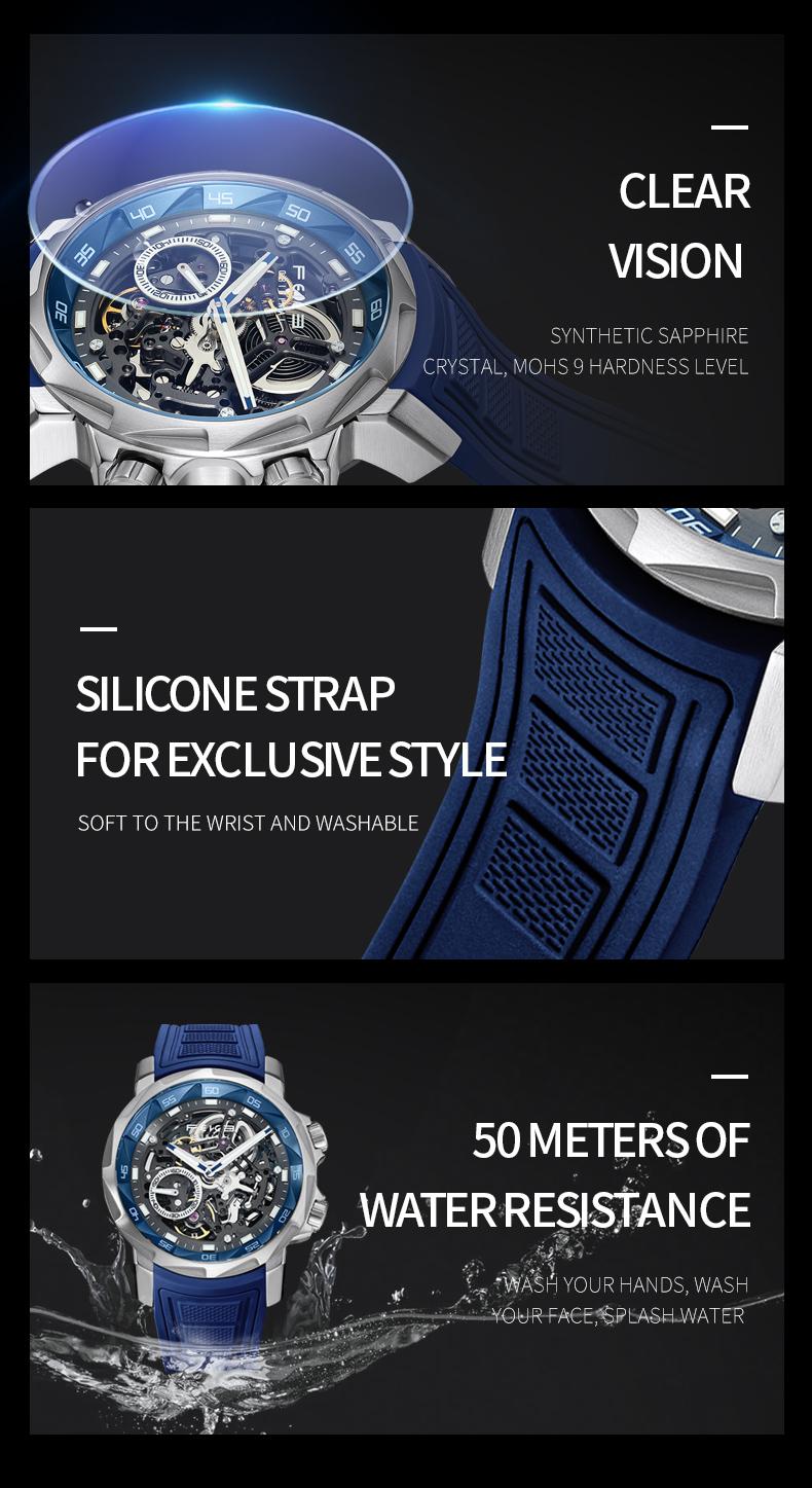 FEICE Men's Automatic Hollow Mechanical Watch, equipped with sapphire crystal, 5ATM waterproof and shockproof luminous display strap, suitable for all occasions