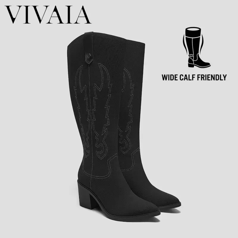VIVAIA Women's extra wide boots, horseriding boots, Point-Toe Embroidered Western Cowboy Chunky Heels Boots Knee High Vintage Style Pointed Toe Cowgirl Boots, Wide Calf Boots for Western Events Horseriding Cowboy Boots(Willow&Wynne)