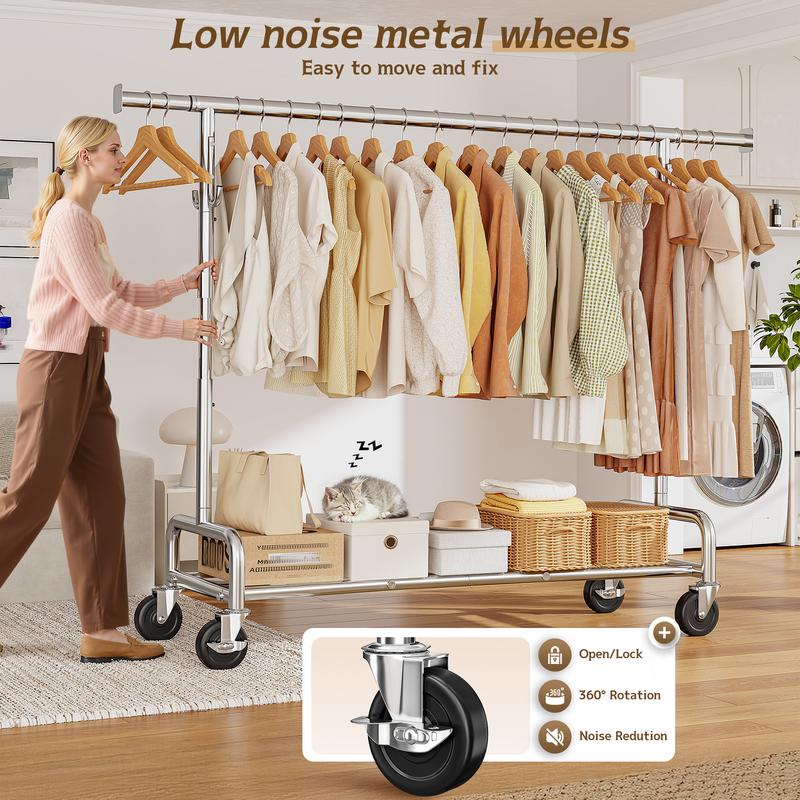 Raybee Heavy Duty Clothes Rack Load 450 LBS, Clothing Racks for Hanging Clothes Rolling Garment Rack with Wheels & Shelf, Portable & Adjustable Chrome [Black Friday]