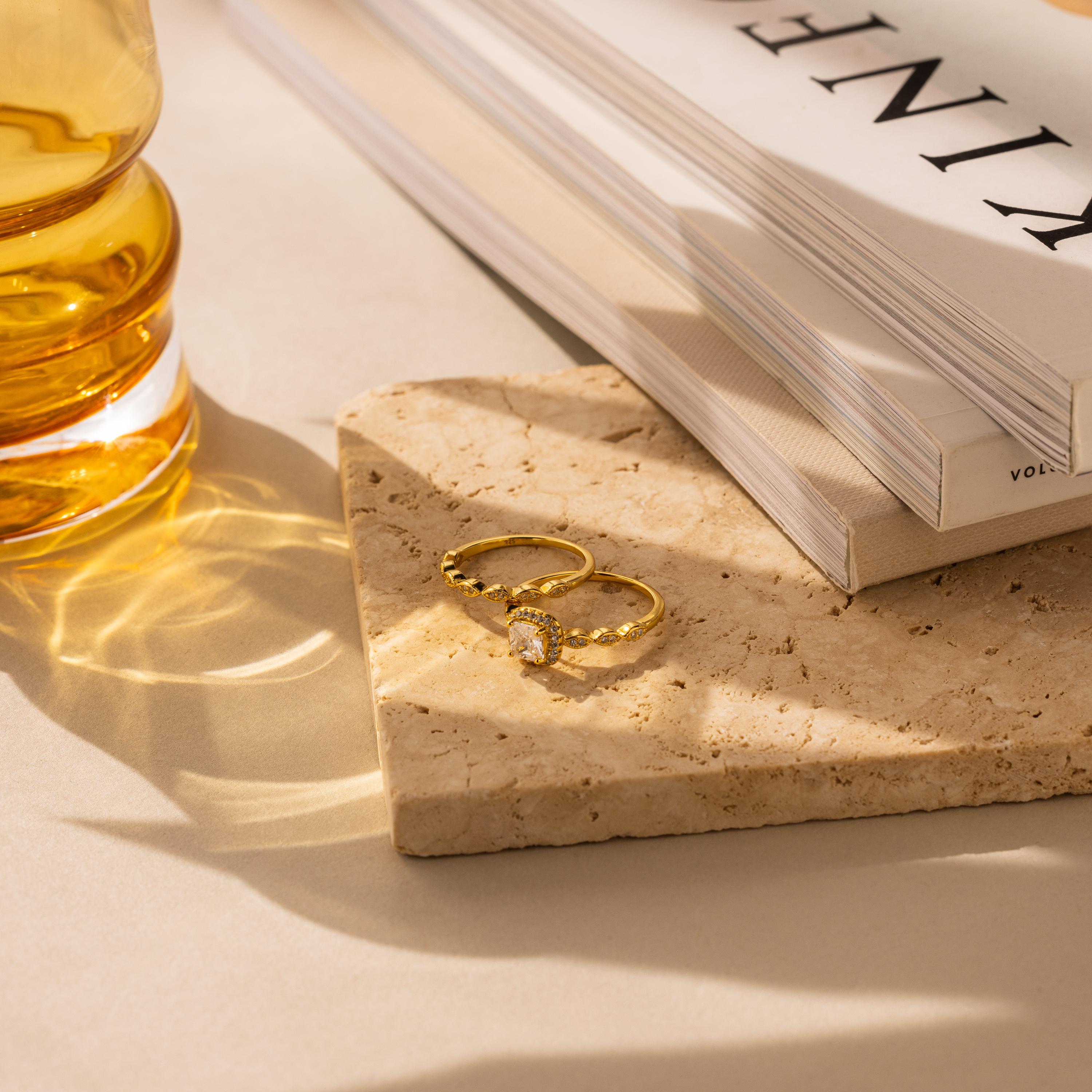 Vintage Diamond Rings Set by Caitlyn Minimalist - Set of 2: 18K Gold Plated Art Deco Rings - Bridal Jewelry - Gift for Her