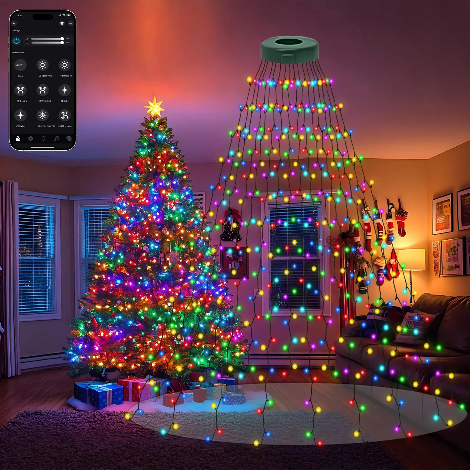Smart Christmas Tree Lights, 400 LED Color Changing Waterfall Tree Topper Lights with  APP 6.56 FT X 16 Lines  Christmas Light for Indoor Outdoor Party Xmas Decoration