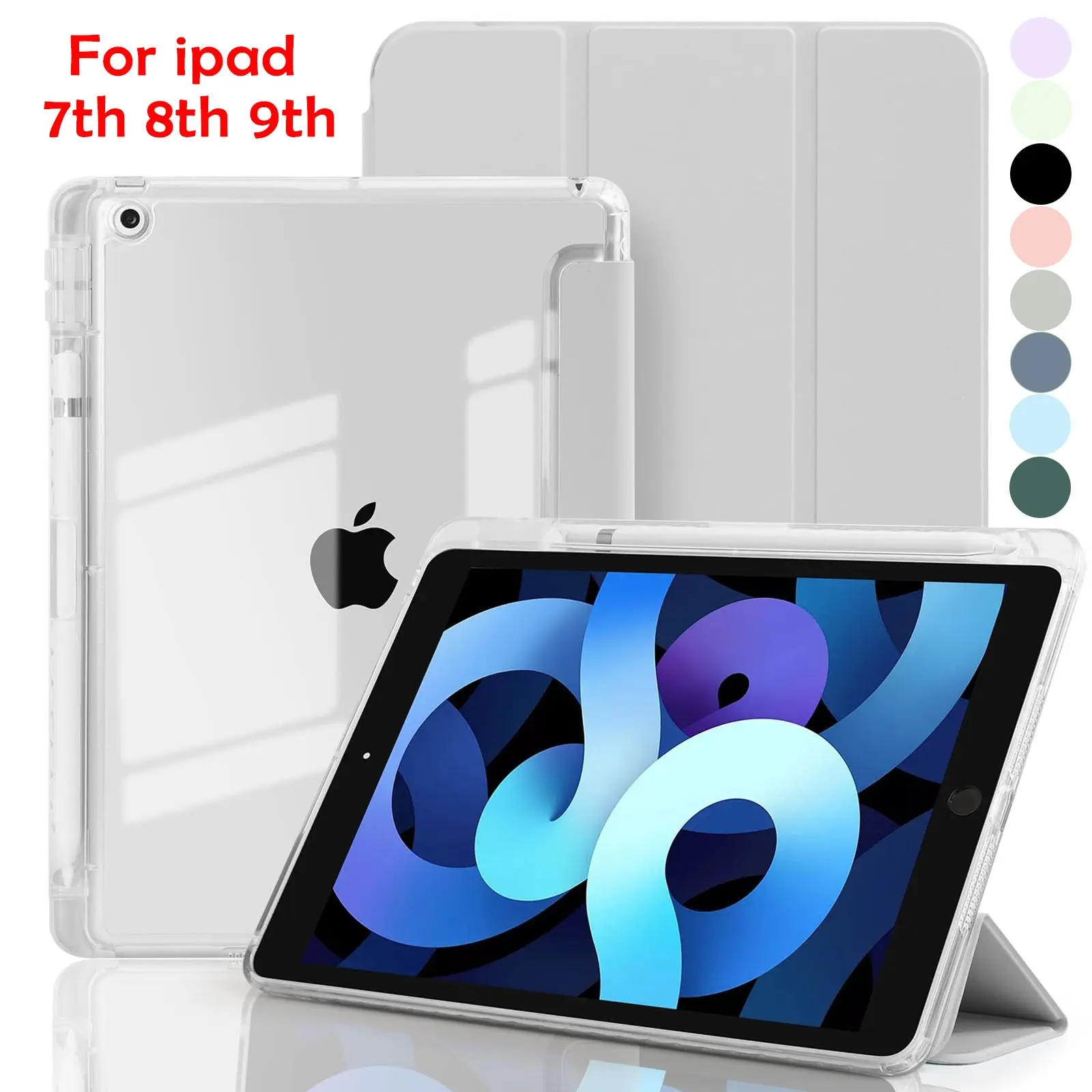 Case, Tablet Casing for iPad 10.2 Inch (9th/8th/7th Generation, 2021/2020/2019 Released) with Pencil Holder, Clear Back Shell Slim Stand Shockproof Protection Tablet Protective Cover, iPad Covers, Auto Wake/Sleep