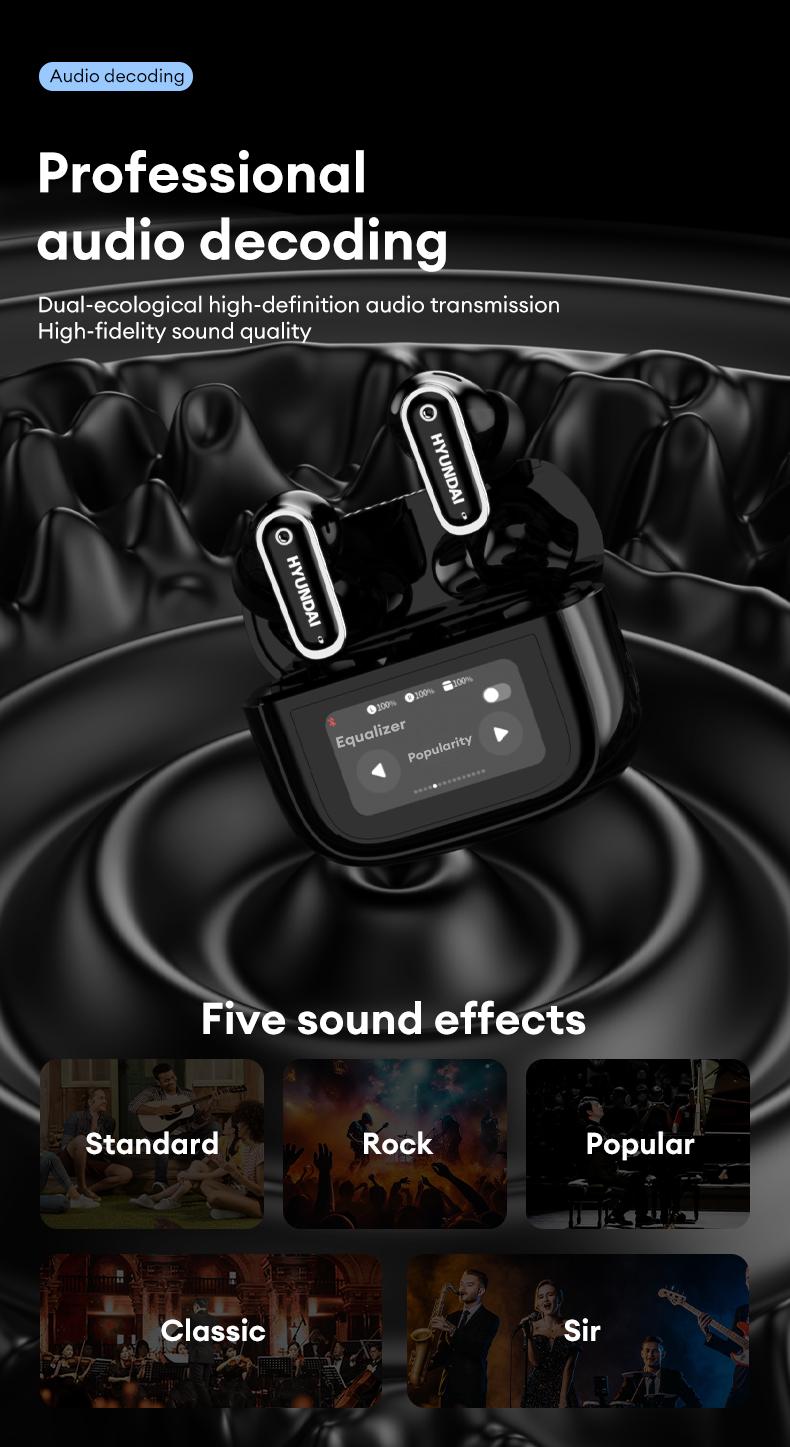 HYUNDAI Y22 In-Ear Wireless Headphones with 2025 Bluetooth 5.4, Touch Smart Screen, ANC Noise Reduction, Anti-Loss Function, High-Fidelity Audio Decoding, Ergonomic Comfortable Fit, Compatible with Mainstream Devices, Earbuds for Music & Calls